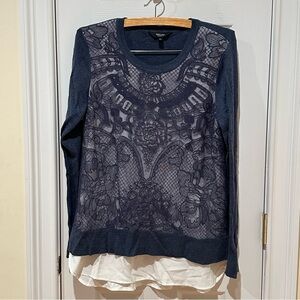 Simply Vera by Vera Wang, Navy Lace Overlay Long Sleeve Top, Size Large